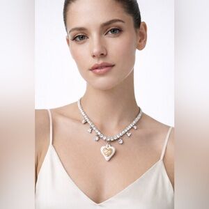 Julietta Dangly Heart Tennis Necklace Crystal Statement Pendant $295 Retail